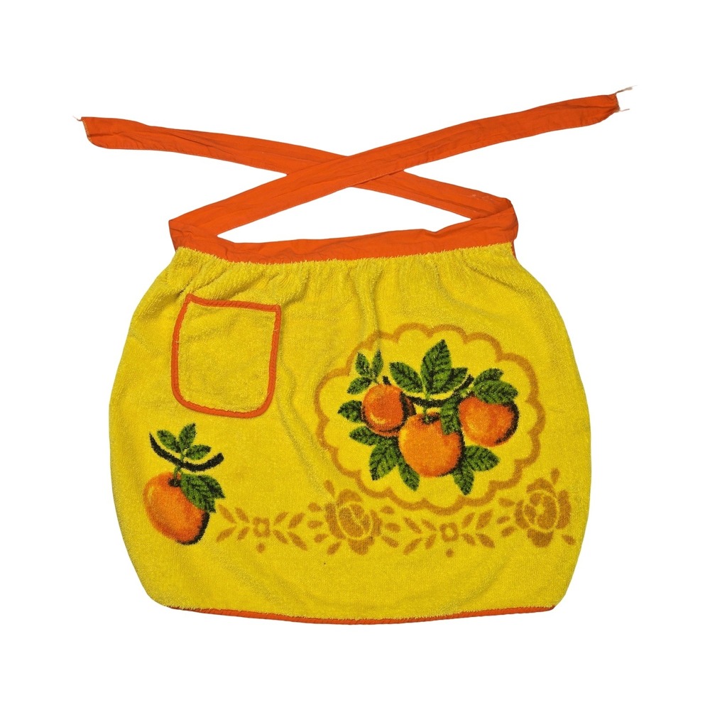 Vintage 70s Yellow Terry Cloth Half Apron Orange Fruit Floral Retro Kitchen